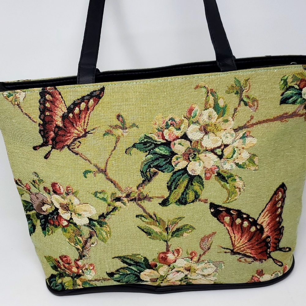 Butterfly Tapestry Bag Vintage Zip Top Inside Pockets Green NWOT